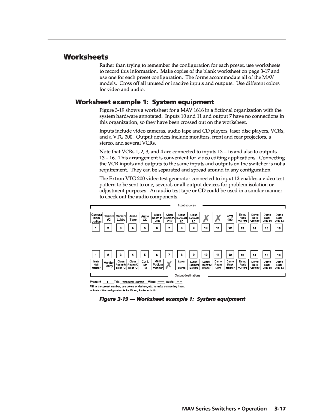 Extron electronic manual Worksheets, 19 - Worksheet example 1 System equipment, MAV Series Switchers Operation 