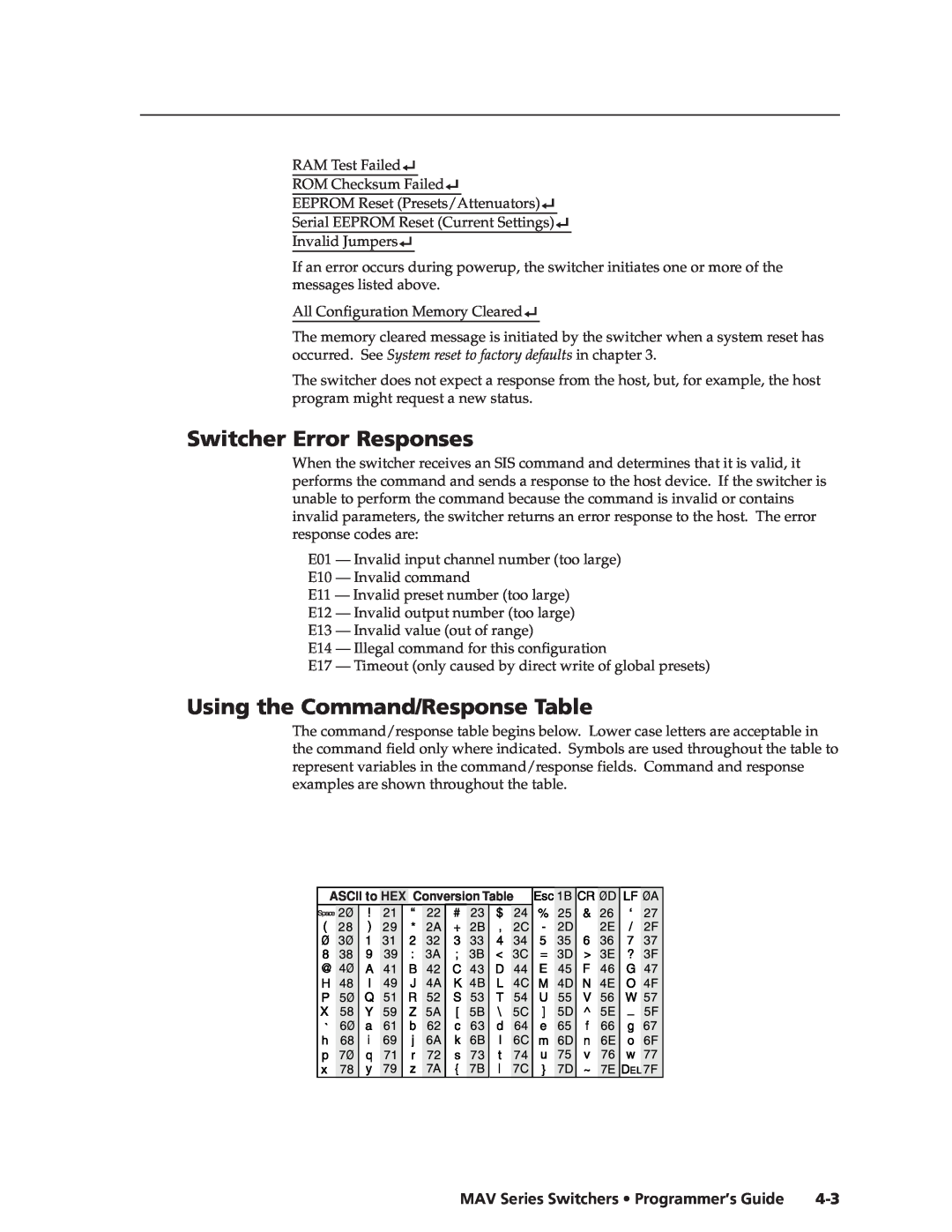 Extron electronic Switcher Error Responses, Using the Command/Response Table, MAV Series Switchers Programmer’s Guide 