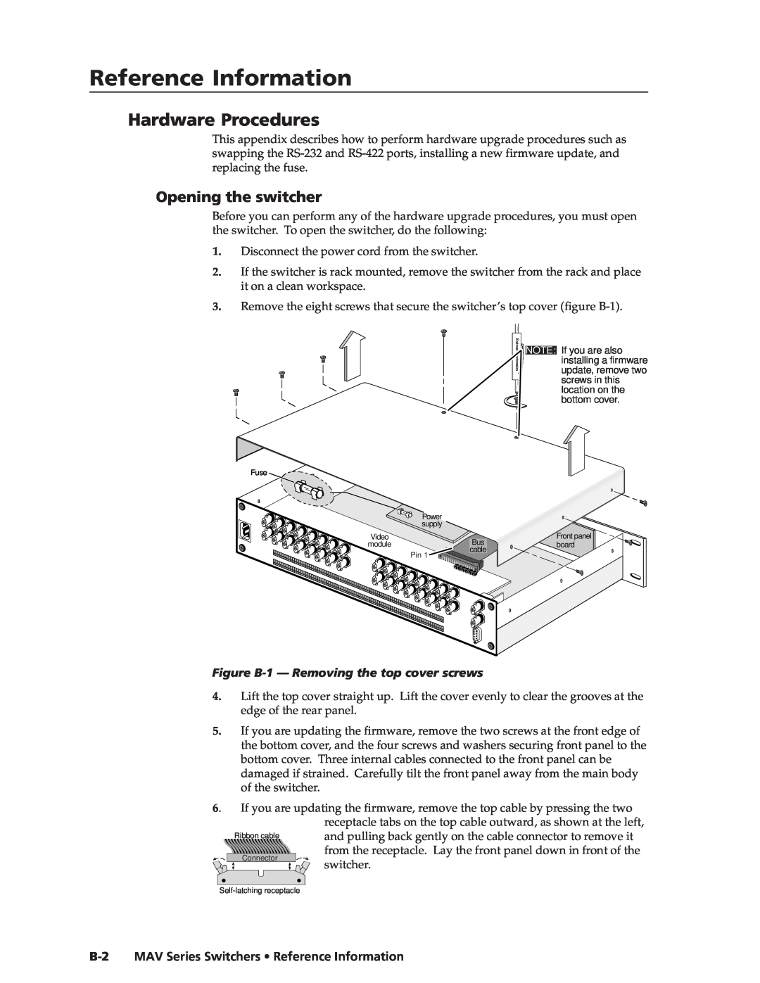Extron electronic MAV manual ReferenceInformation,co t’d, Hardware Procedures, Opening the switcher 