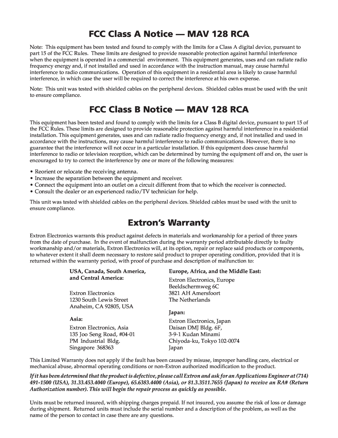 Extron electronic FCC Class A Notice - MAV 128 RCA, FCC Class B Notice - MAV 128 RCA, Extron’s Warranty, Japan, Asia 