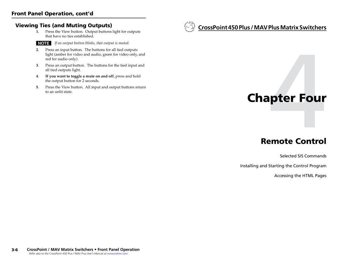 Extron electronic MAV setup guide Four, Remote Control, If an output button blinks, that output is muted 
