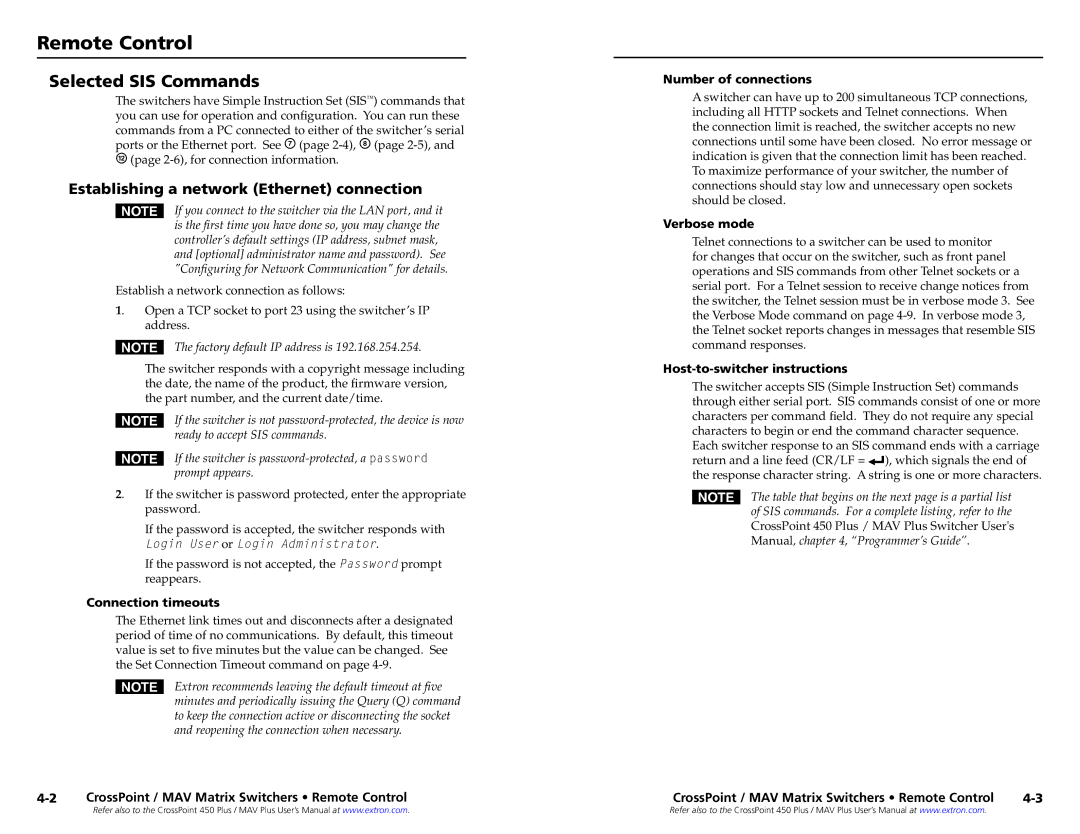 Extron electronic MAV setup guide Remote Control, Selected SIS Commands, Establishing a network Ethernet connection 