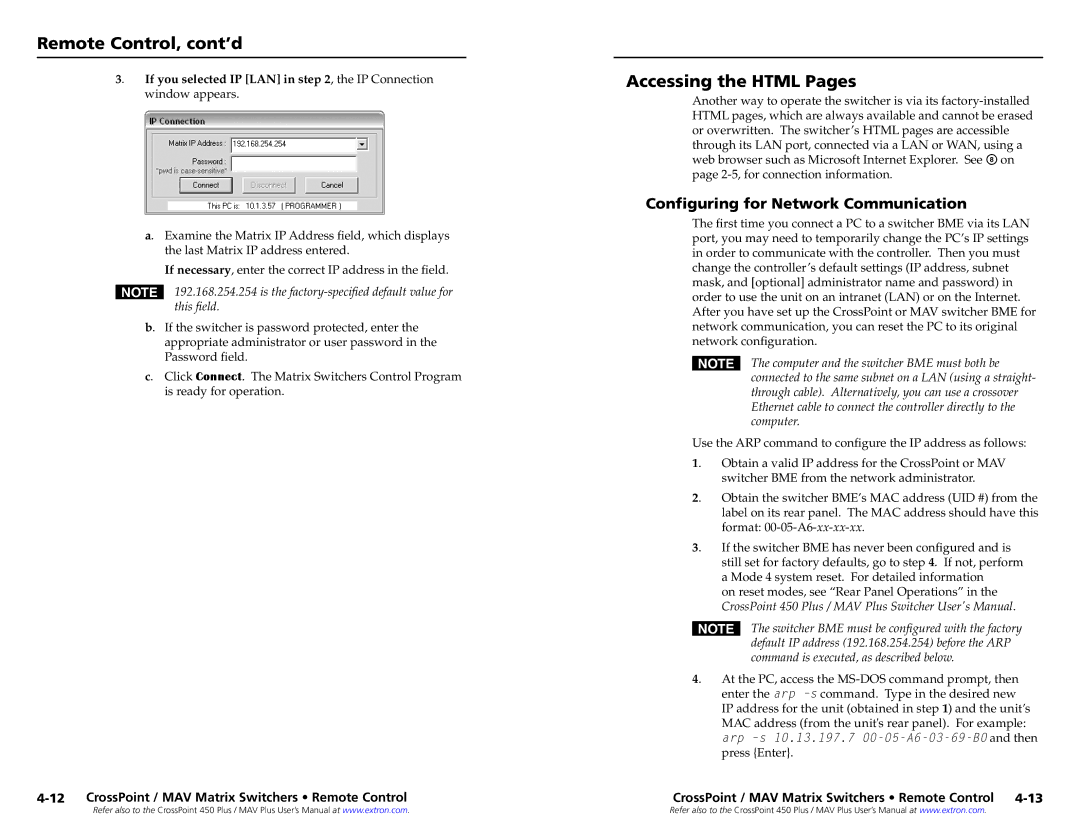 Extron electronic MAV setup guide Accessing the Html Pages, Configuring for Network Communication 