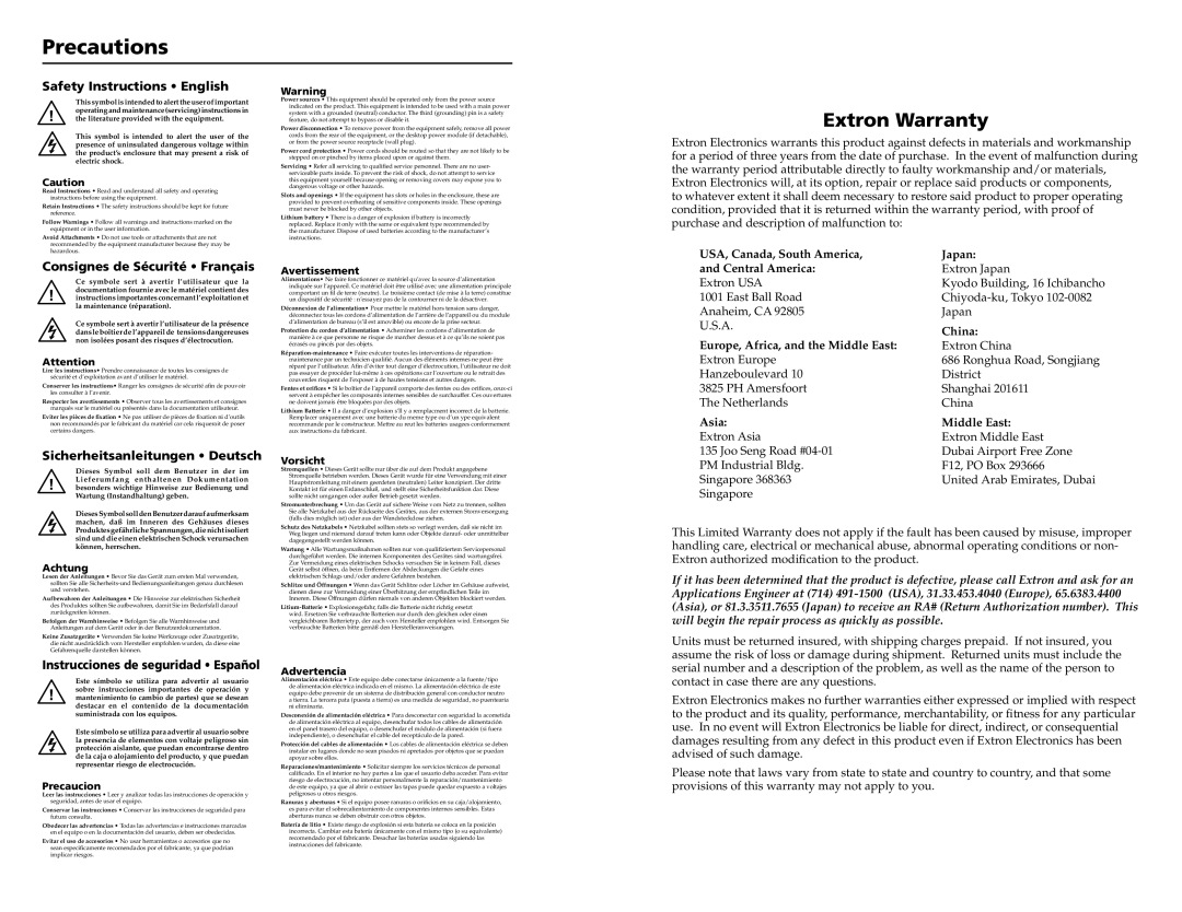 Extron electronic MAV setup guide Precautions, Extron Warranty 