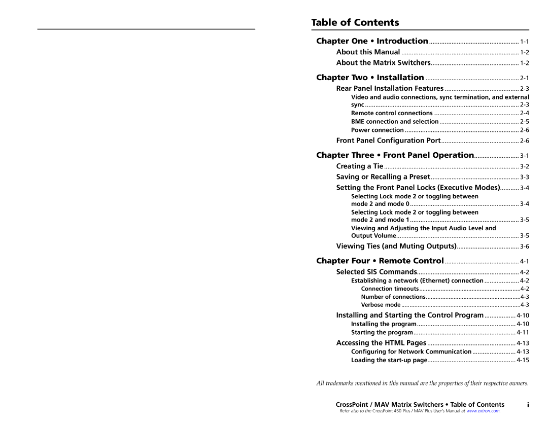 Extron electronic MAV setup guide Table of Contents 