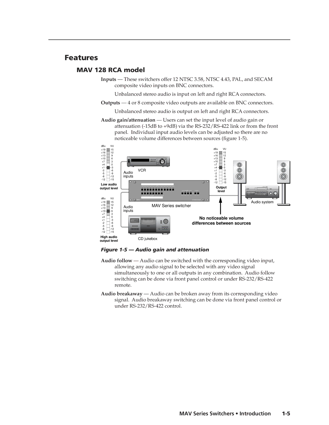 Extron electronic manual Features, MAV 128 RCA model 