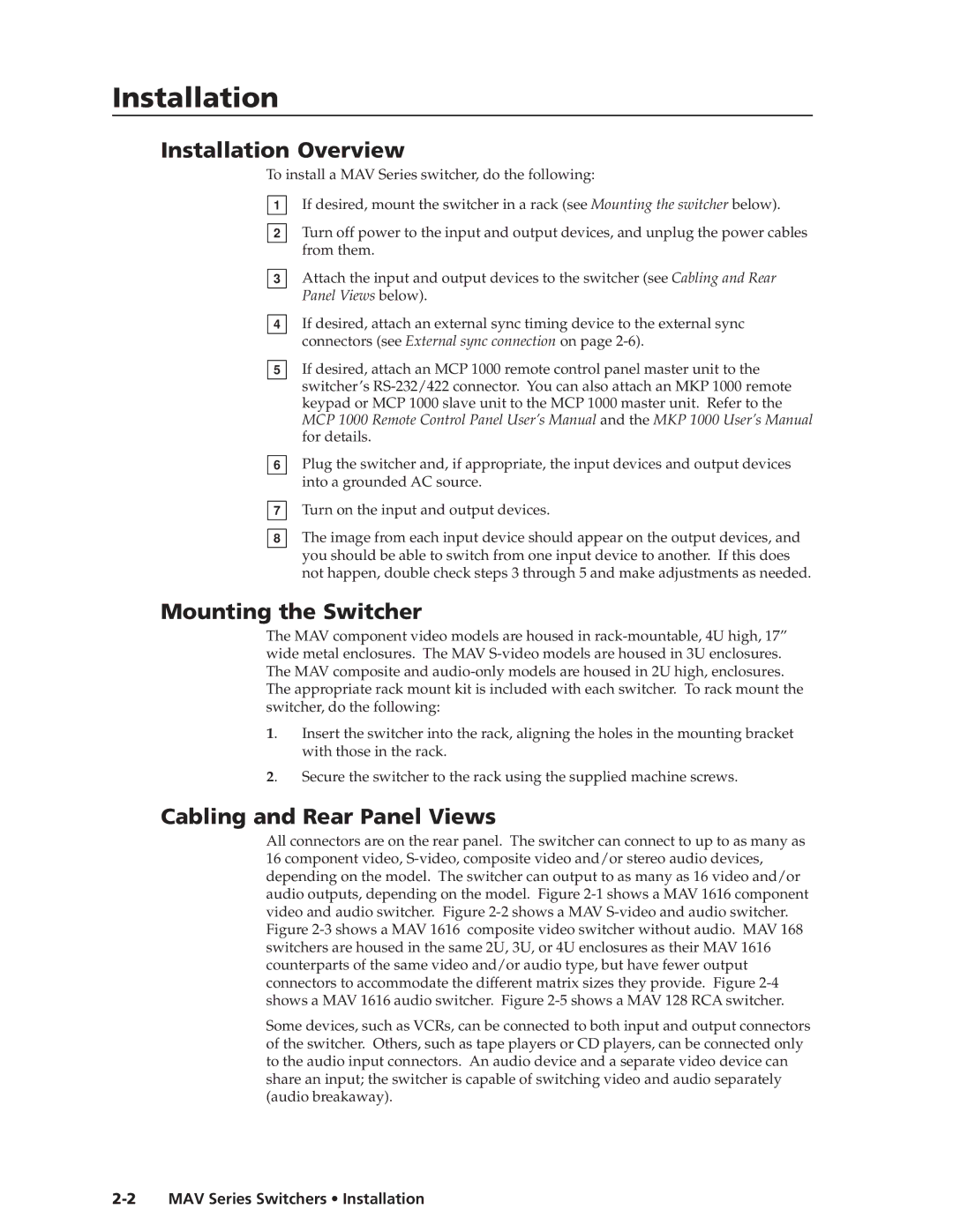 Extron electronic MAV manual Installationstallation, cont’d, Installation Overview, Mounting the Switcher 