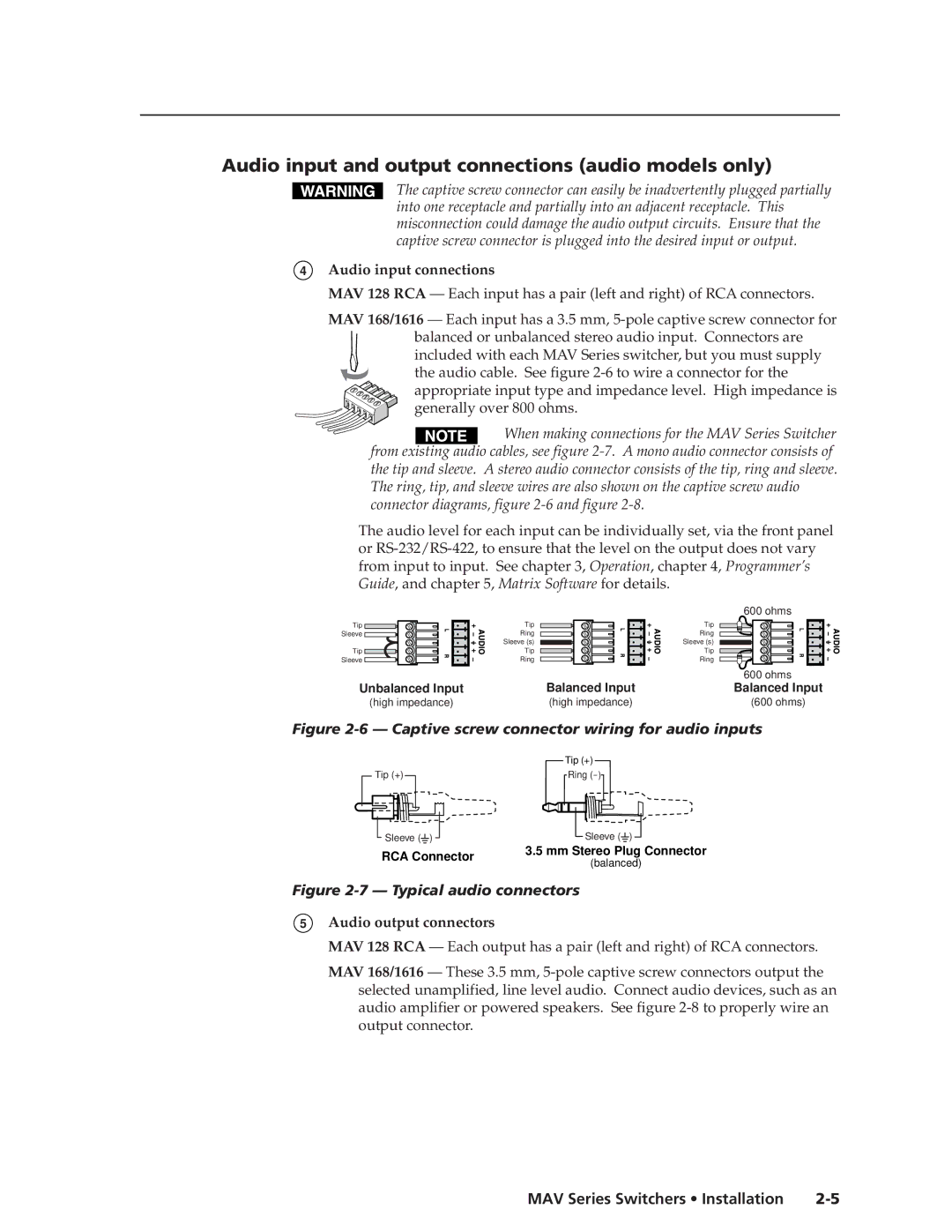 Extron electronic MAV manual Audio input and output connections audio models only, Audio input connections 