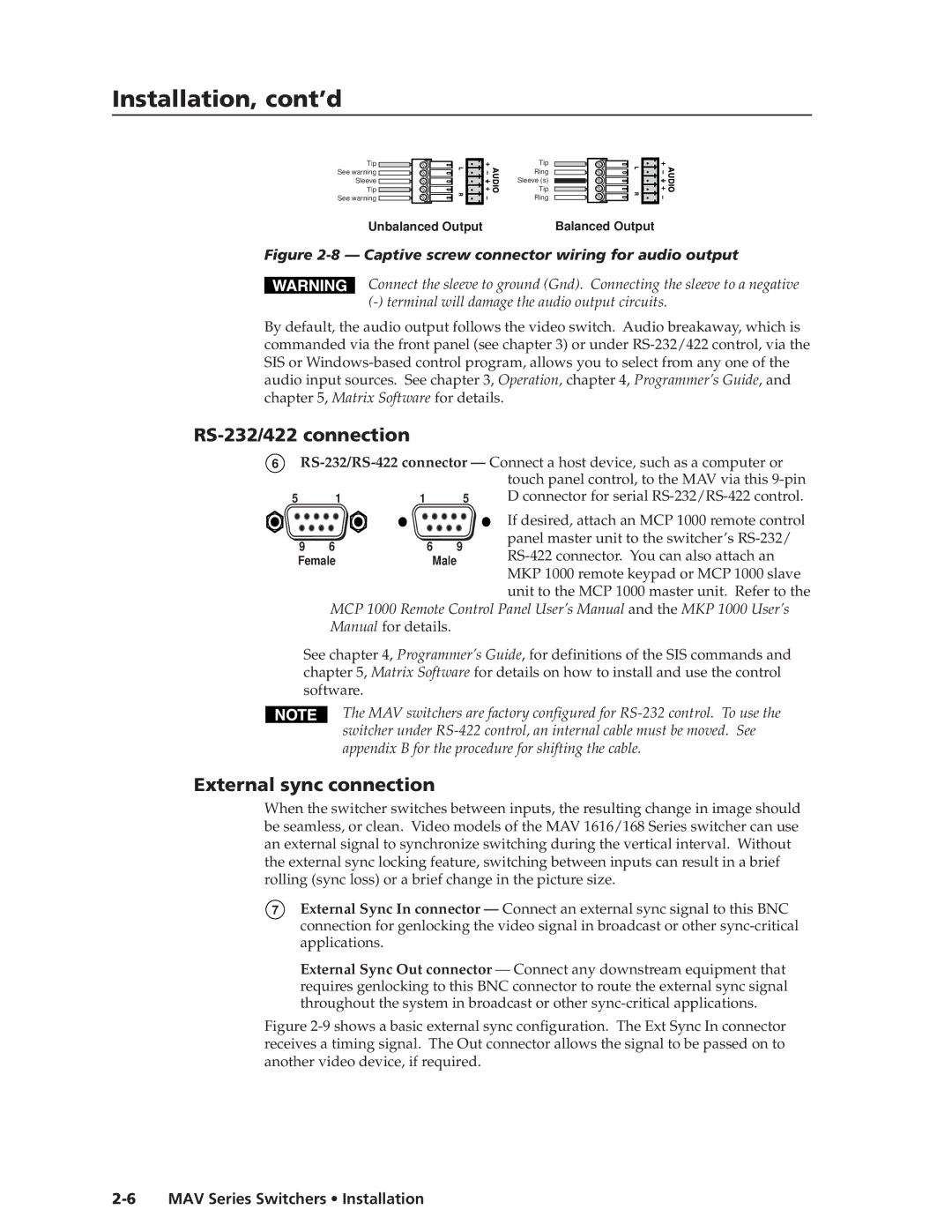 Extron electronic MAV manual RS-232/422 connection, External sync connection 