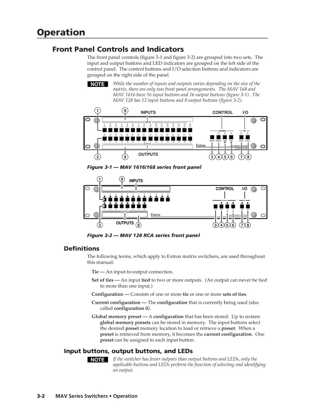 Extron electronic MAV manual Operationeration, cont’d, Front Panel Controls and Indicators, Definitions 