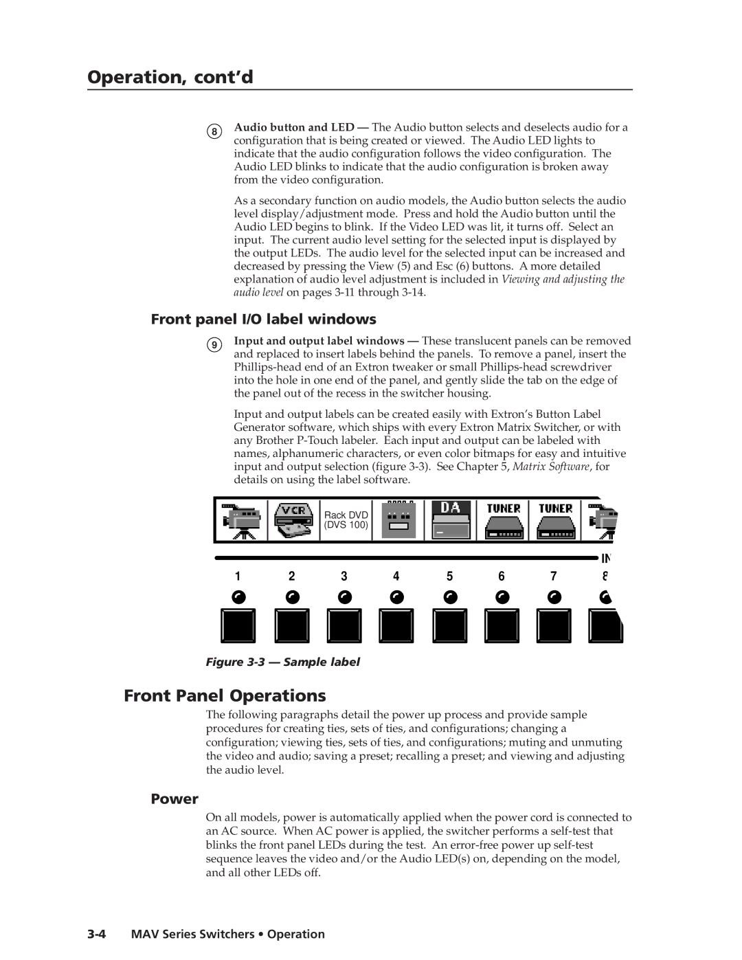 Extron electronic MAV manual Operation, cont’d, Front Panel Operations, Front panel I/O label windows, Power 