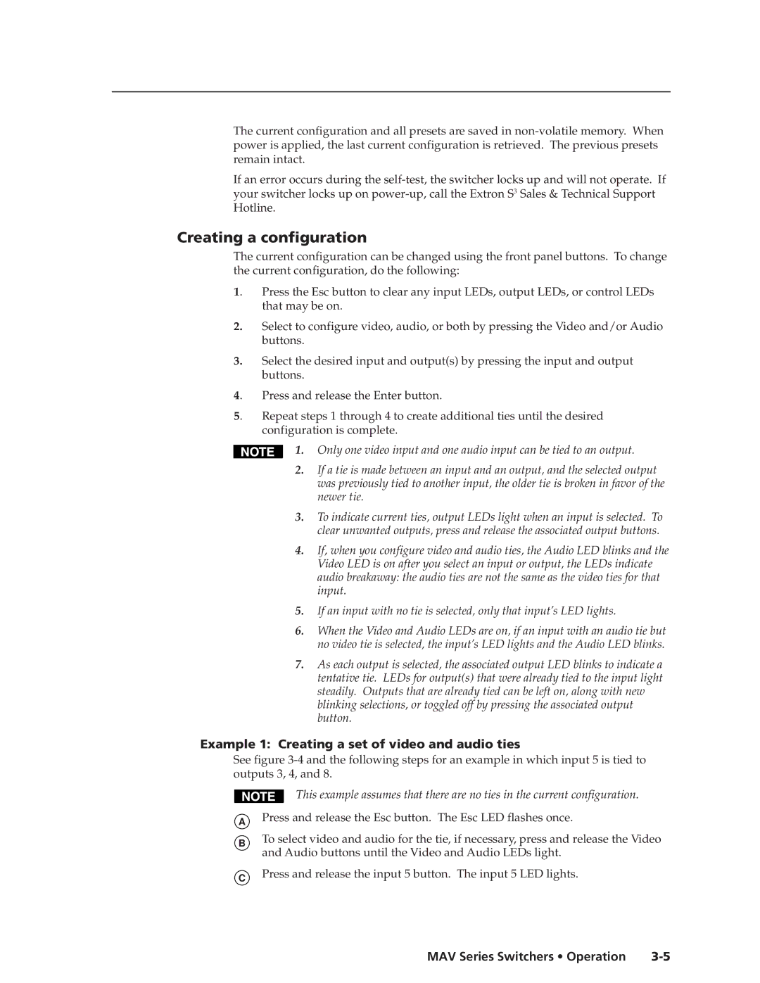 Extron electronic MAV manual Creating a configuration, Example 1 Creating a set of video and audio ties 