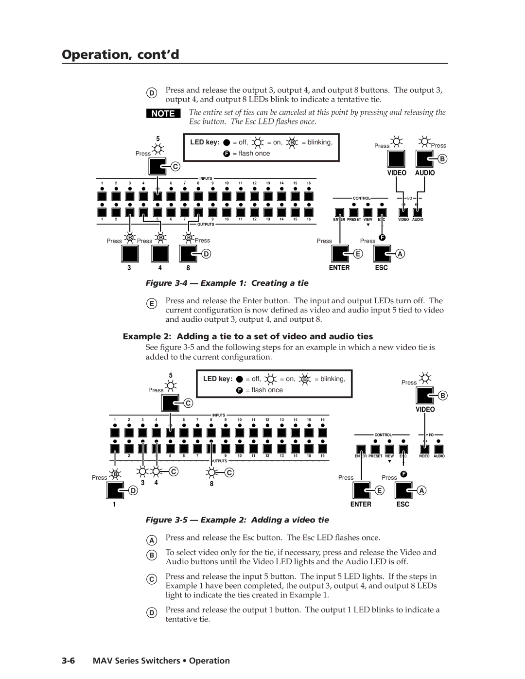 Extron electronic MAV manual Example 1 Creating a tie, Example 2 Adding a tie to a set of video and audio ties 