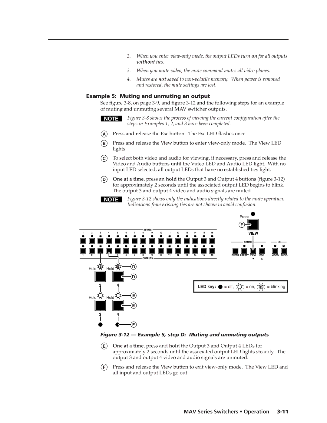 Extron electronic MAV manual Example 5 Muting and unmuting an output, Example 5, step D Muting and unmuting outputs 