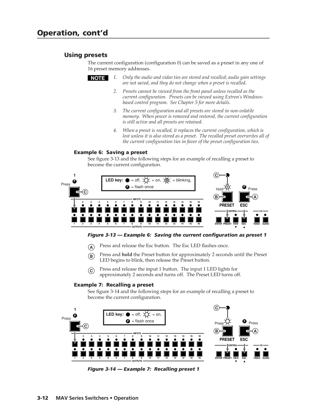 Extron electronic MAV manual Using presets, Example 6 Saving a preset, Example 7 Recalling a preset 