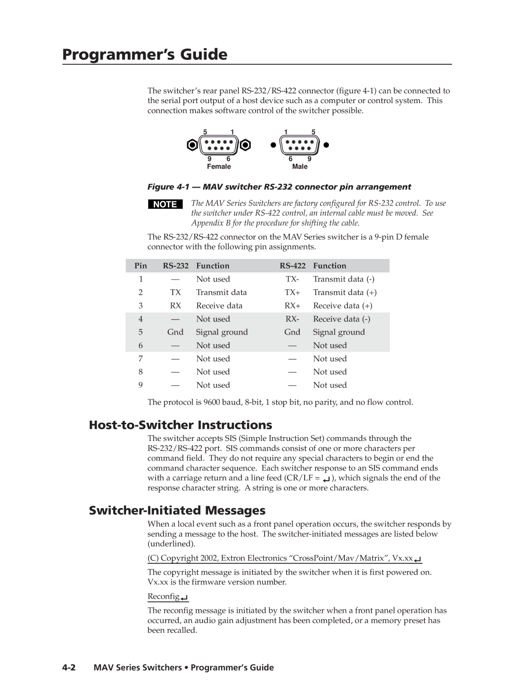 Extron electronic MAV manual Programmer’ser’sGuide,Guidecont’d, Host-to-Switcher Instructions, Switcher-Initiated Messages 