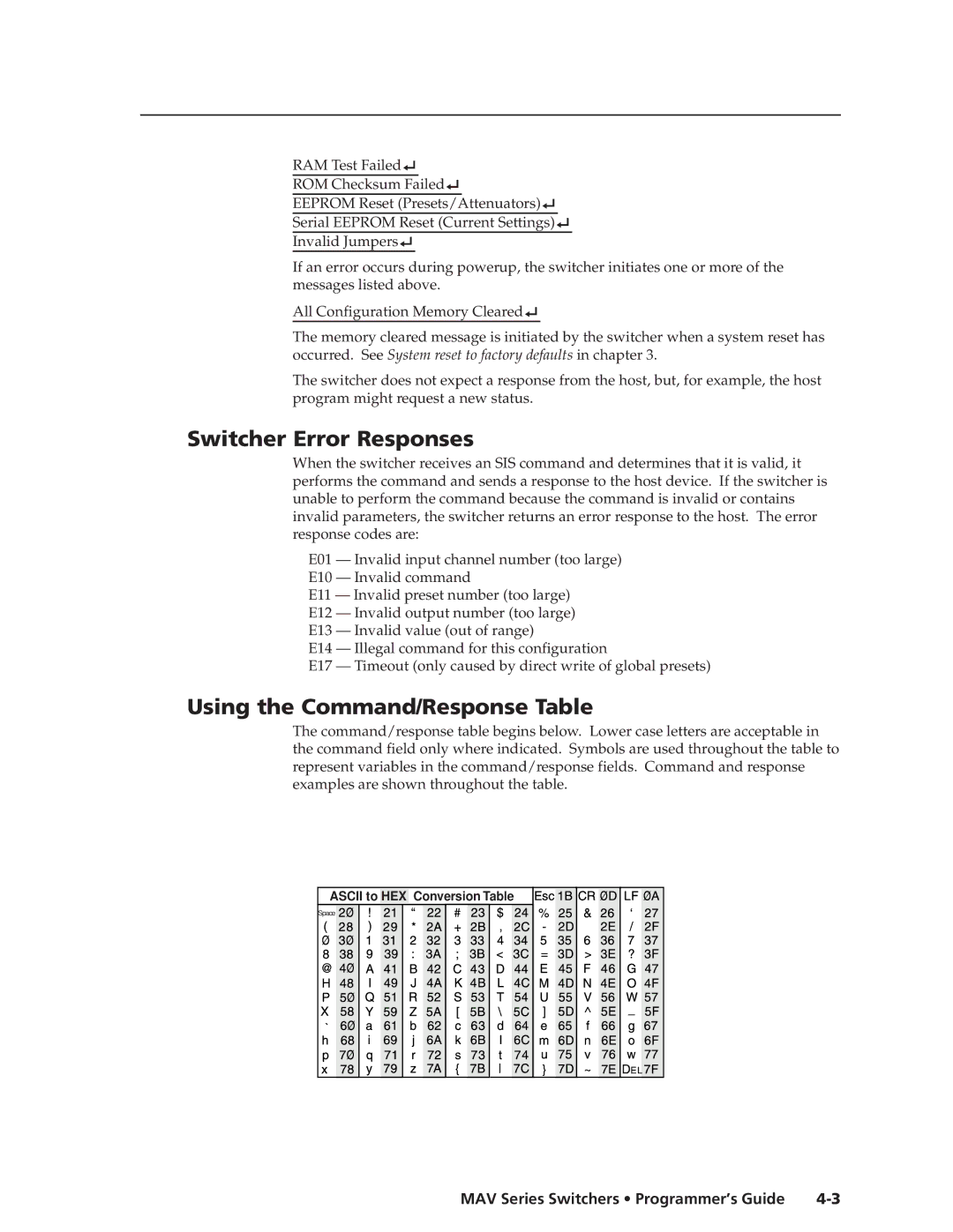 Extron electronic MAV manual Switcher Error Responses, Using the Command/Response Table 