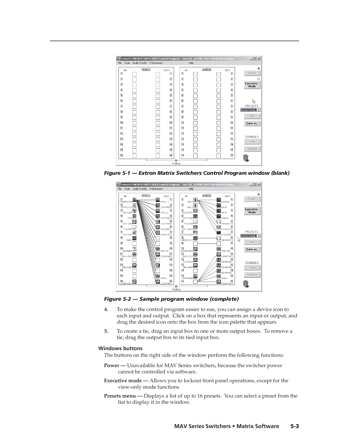 Extron electronic MAV manual Extron Matrix Switchers Control Program window blank, Windows buttons 