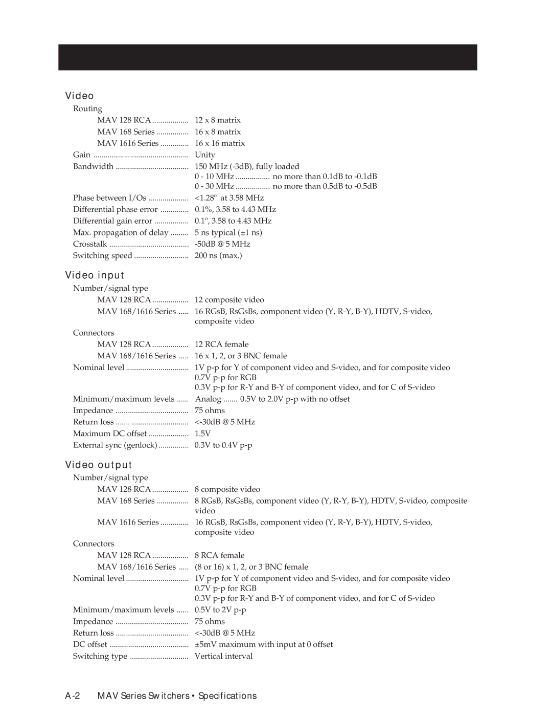 Extron electronic manual Specificationsecifications, cont’d, MAV Series Switchers Specifications 