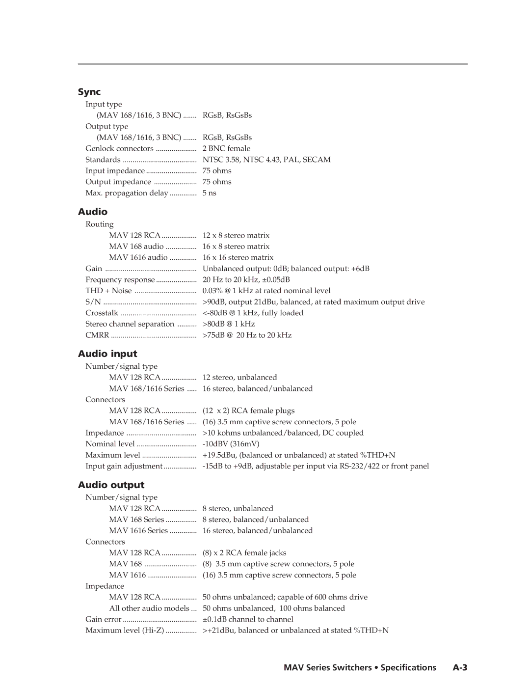 Extron electronic manual Sync, MAV Series Switchers Specifications A-3 