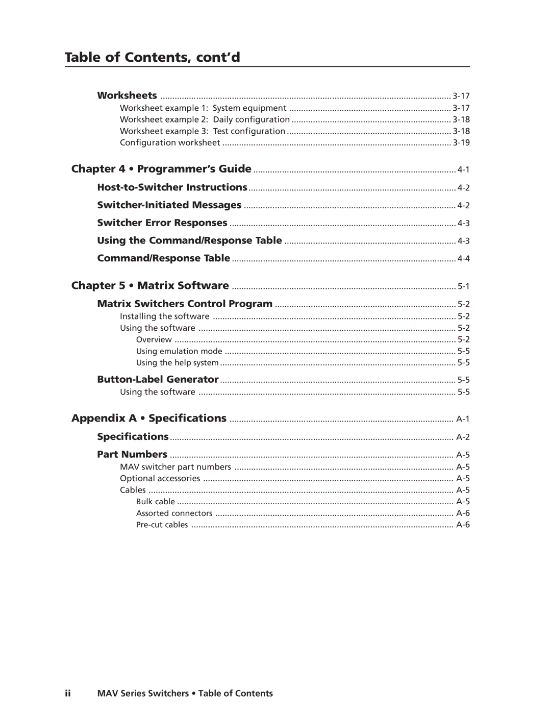 Extron electronic MAV manual Table of Contents, cont’d 