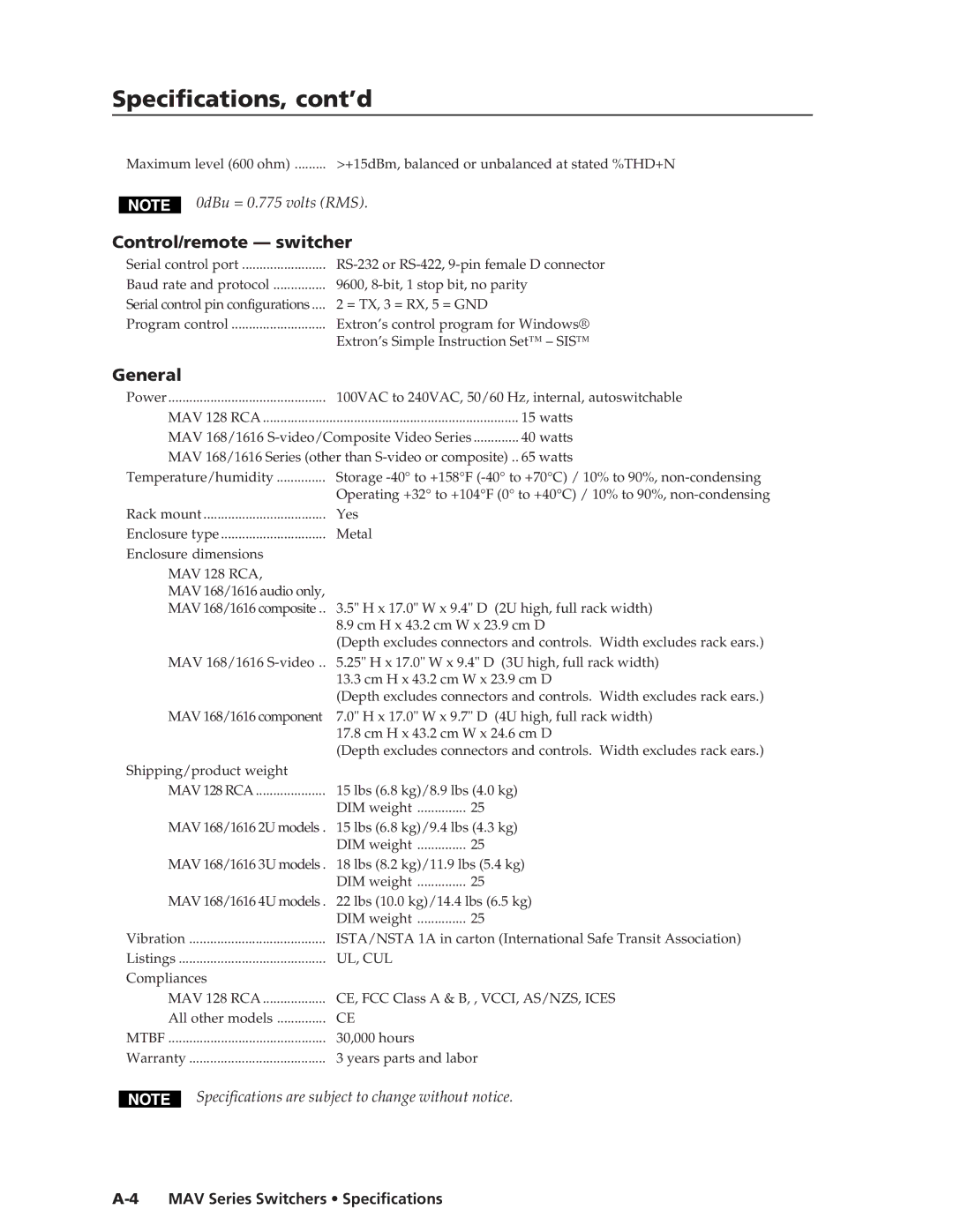 Extron electronic MAV manual Specifications, cont’d, Control/remote switcher 