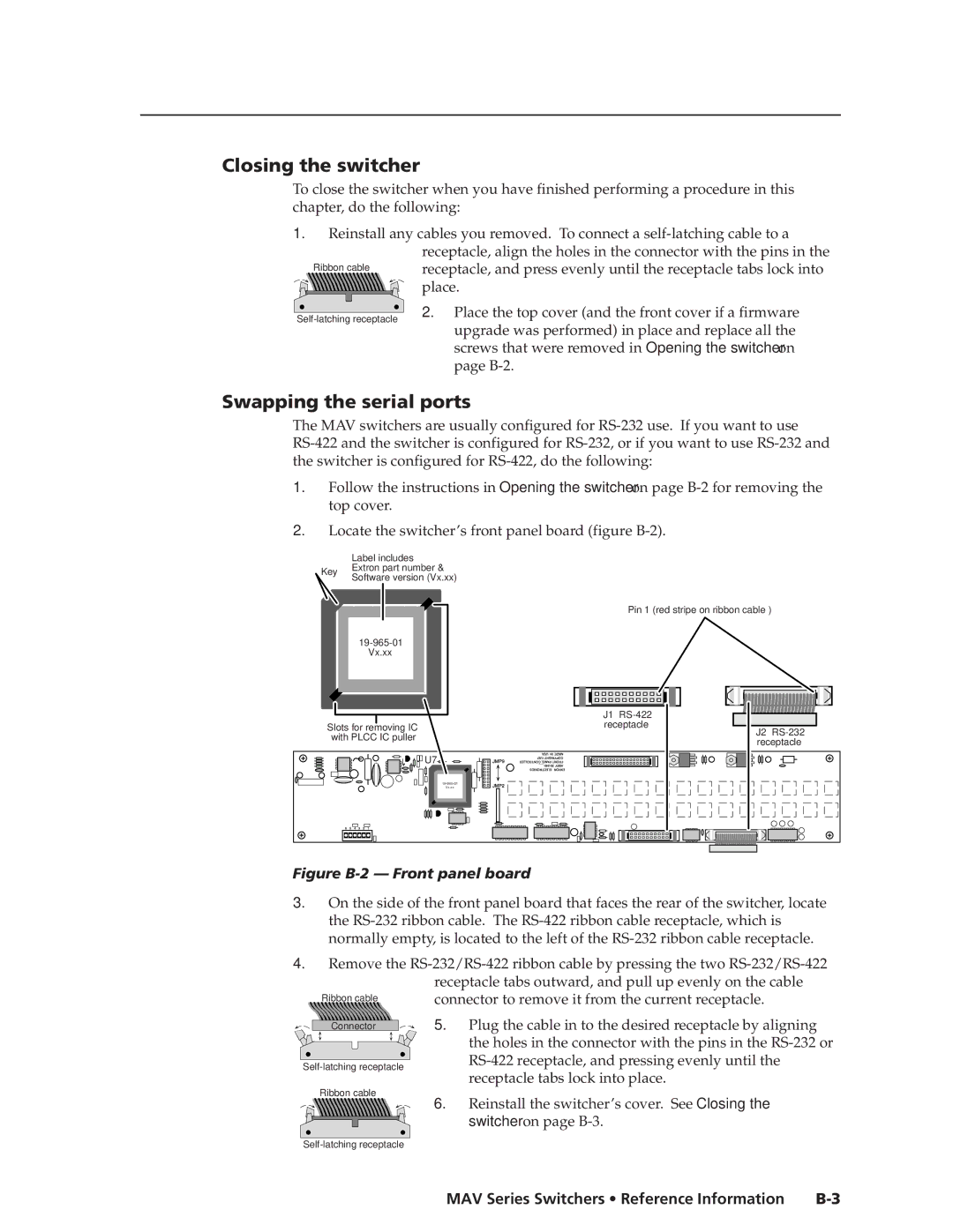 Extron electronic manual Closing the switcher, Swapping the serial ports, MAV Series Switchers Reference Information 