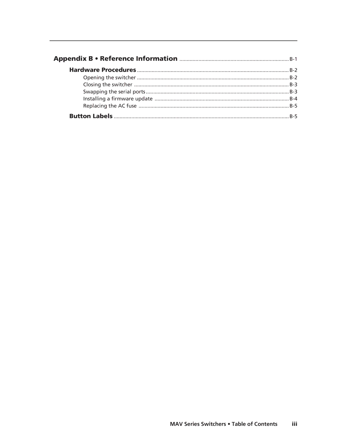 Extron electronic manual MAV Series Switchers Table of Contents Iii 