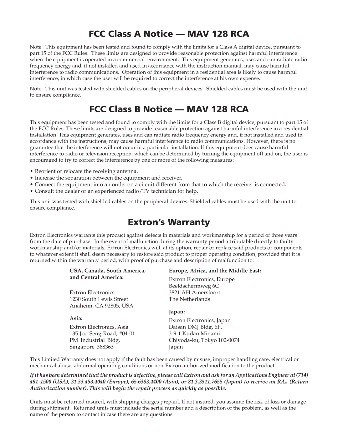 Extron electronic MAV manual Extron’s Warranty 