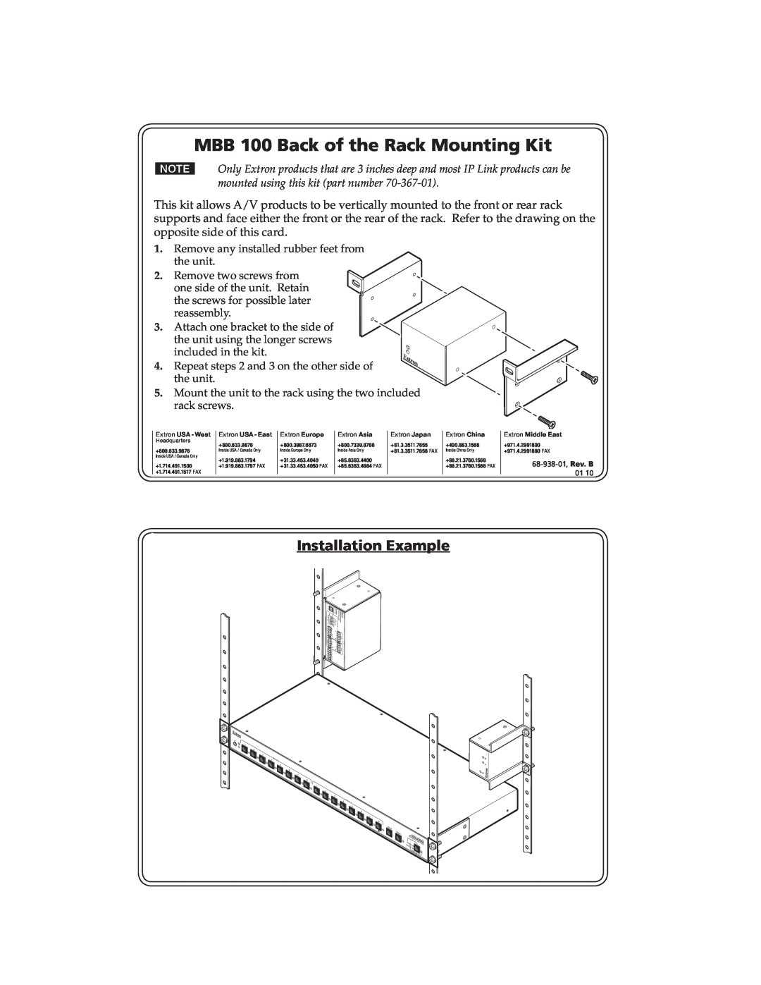 Extron electronic manual MBB 100 Back of the Rack Mounting Kit, Installation Example, 68-938-01, Rev. B, Extron Europe 