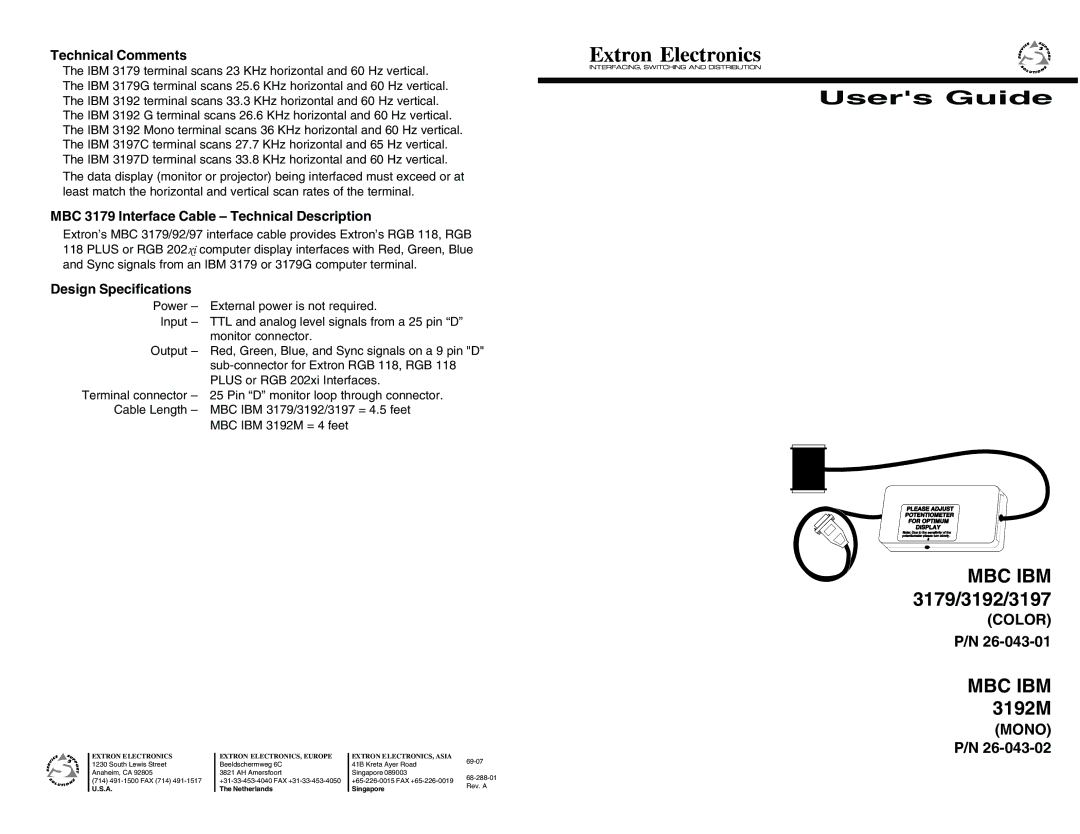 Extron electronic MBC IBM 3192M, 3197D specifications Technical Comments, MBC 3179 Interface Cable Technical Description 