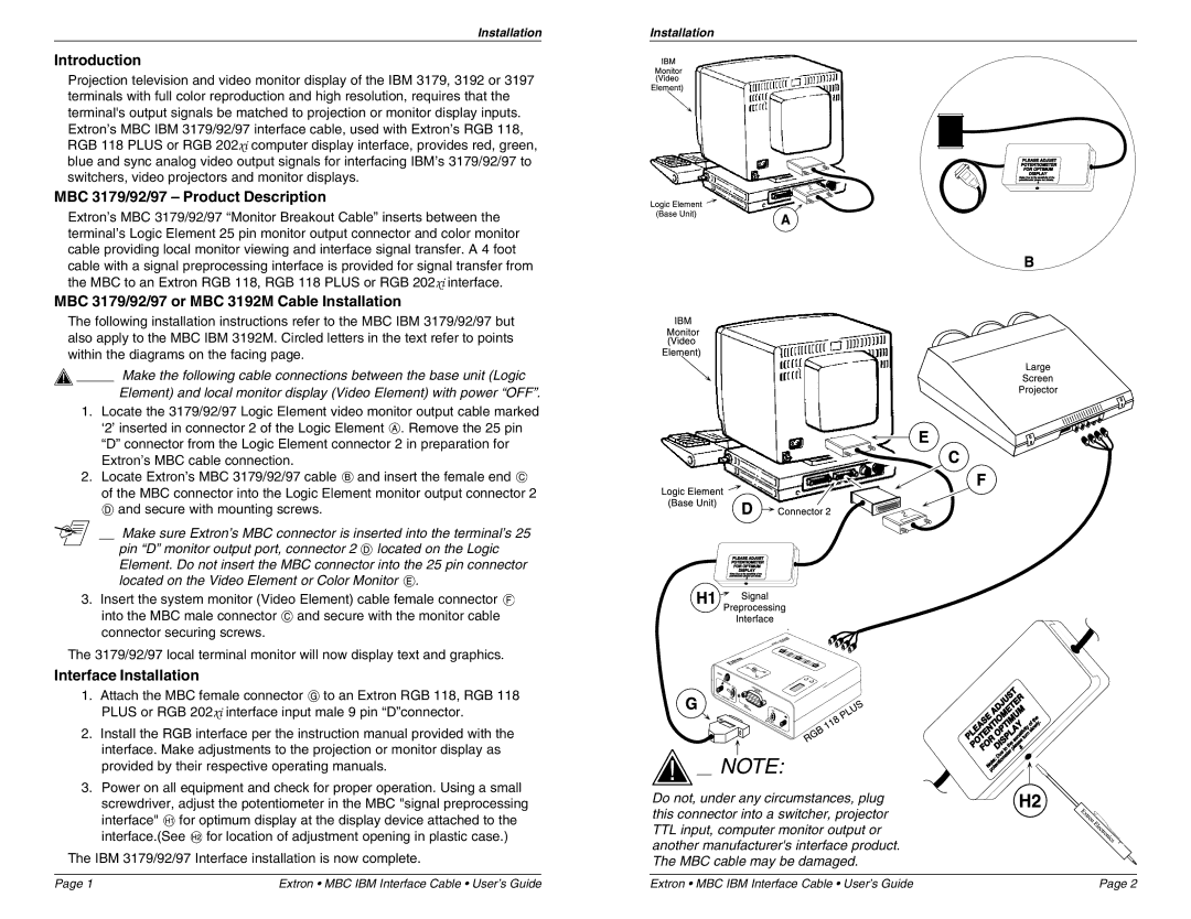 Extron electronic Introduction, MBC 3179/92/97 Product Description, MBC 3179/92/97 or MBC 3192M Cable Installation 