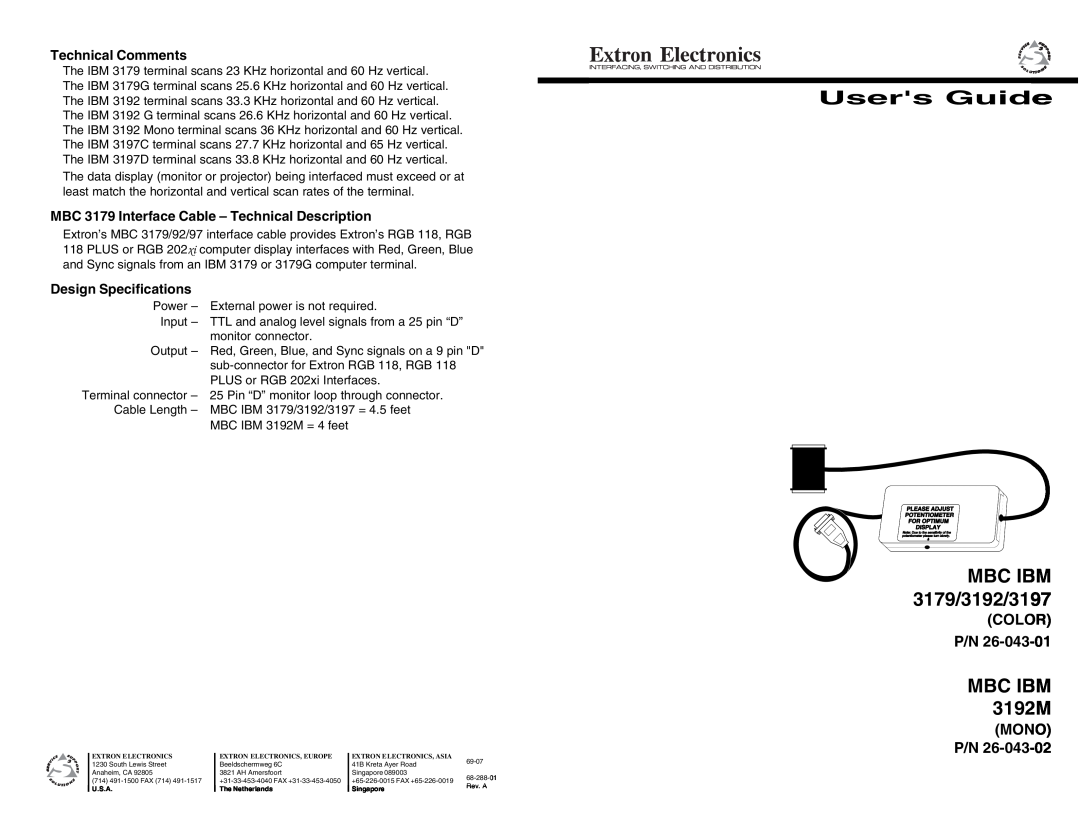 Extron electronic MBC IBM 3192M, 3197D specifications Technical Comments, MBC 3179 Interface Cable - Technical Description 