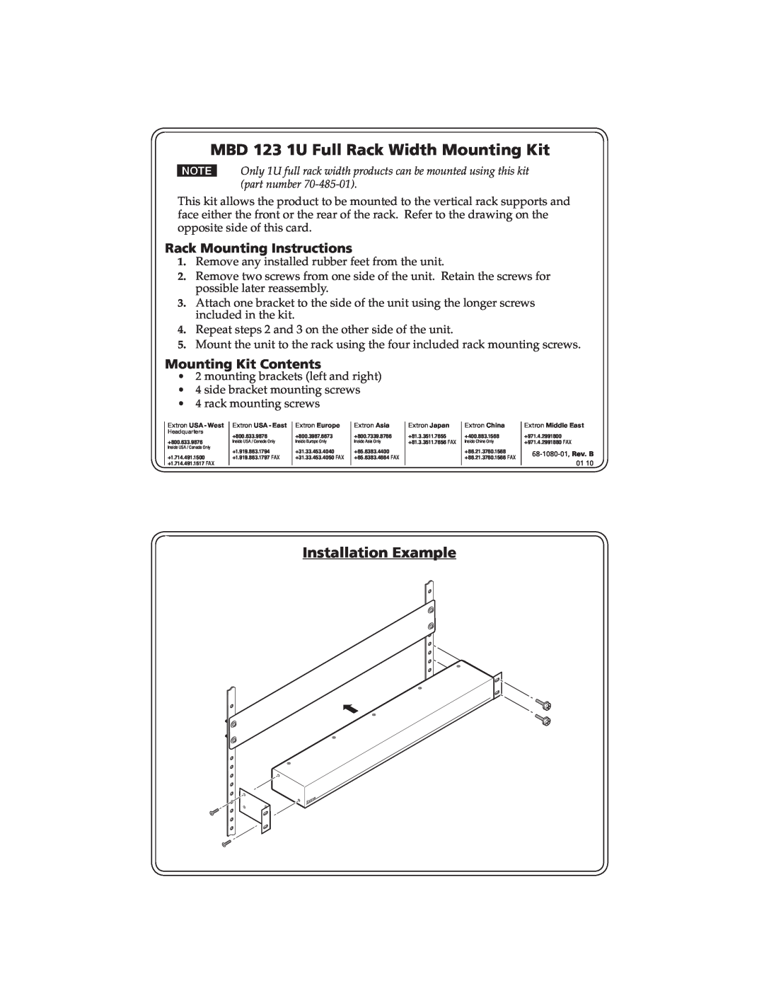Extron electronic manual MBD 123 1U Full Rack Width Mounting Kit, Installation Example, Rack Mounting Instructions 