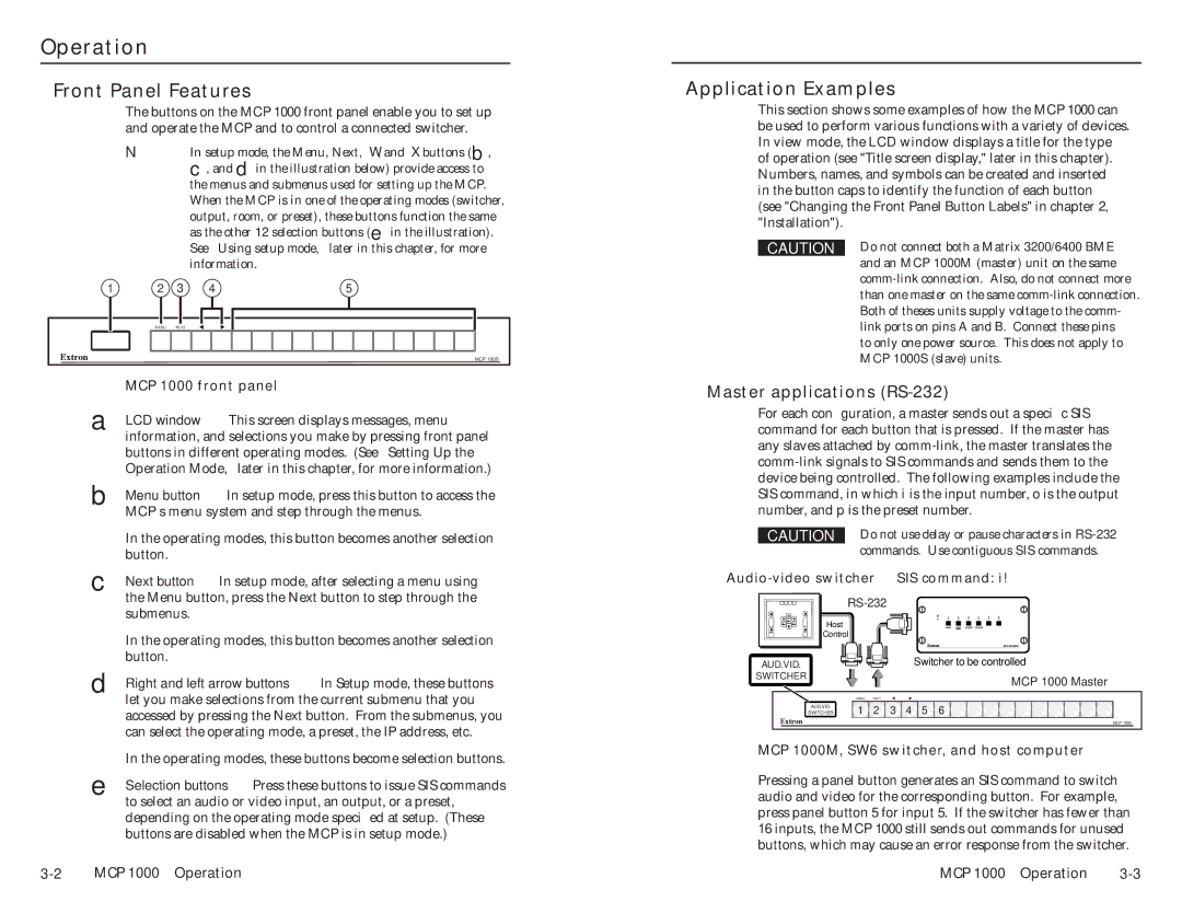 Extron electronic MCP 1000 user manual Operation, Front Panel Features, Application Examples, Master applications RS-232 