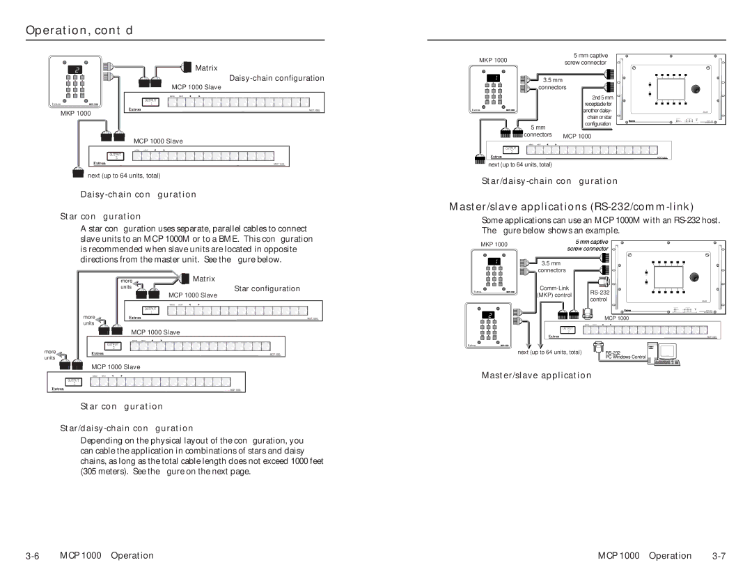 Extron electronic MCP 1000 Master/slave applications RS-232/comm-link, Star conﬁguration, Star/daisy-chain conﬁguration 