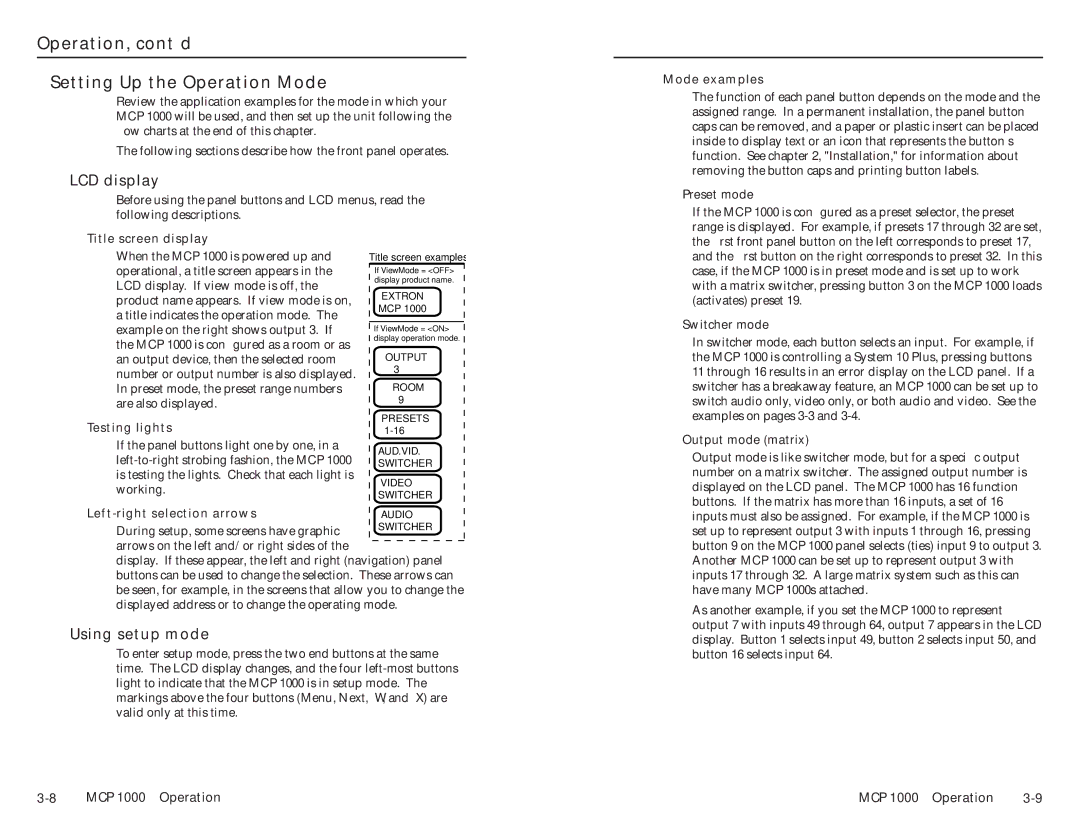 Extron electronic MCP 1000 user manual Operation, cont’d Setting Up the Operation Mode, LCD display, Using setup mode 