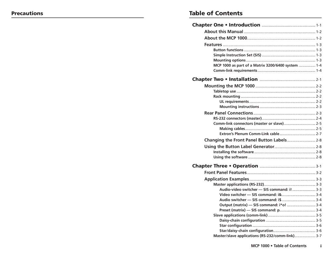 Extron electronic MCP 1000 user manual Table of Contents 