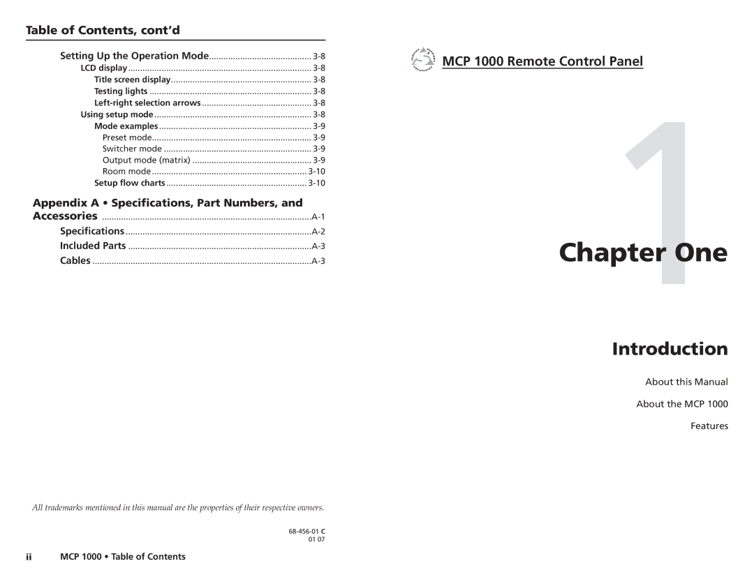 Extron electronic user manual One, Introduction, MCP 1000 Remote Control Panel, Table of Contents, cont’d 