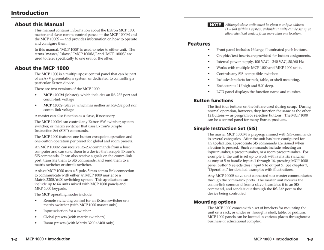 Extron electronic MCP 1000 user manual Introduction, About this Manual, About the MCP, Features 