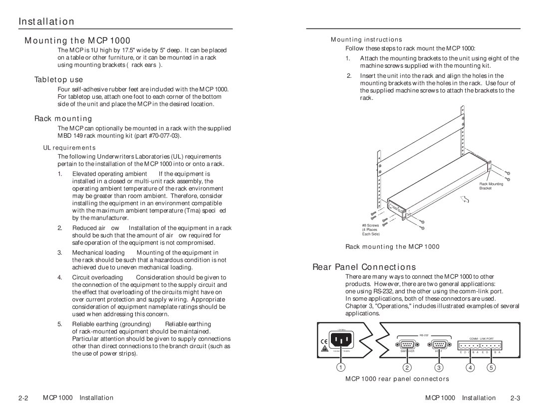 Extron electronic MCP 1000 user manual Installation, Mounting the MCP, Rear Panel Connections, Tabletop use, Rack mounting 