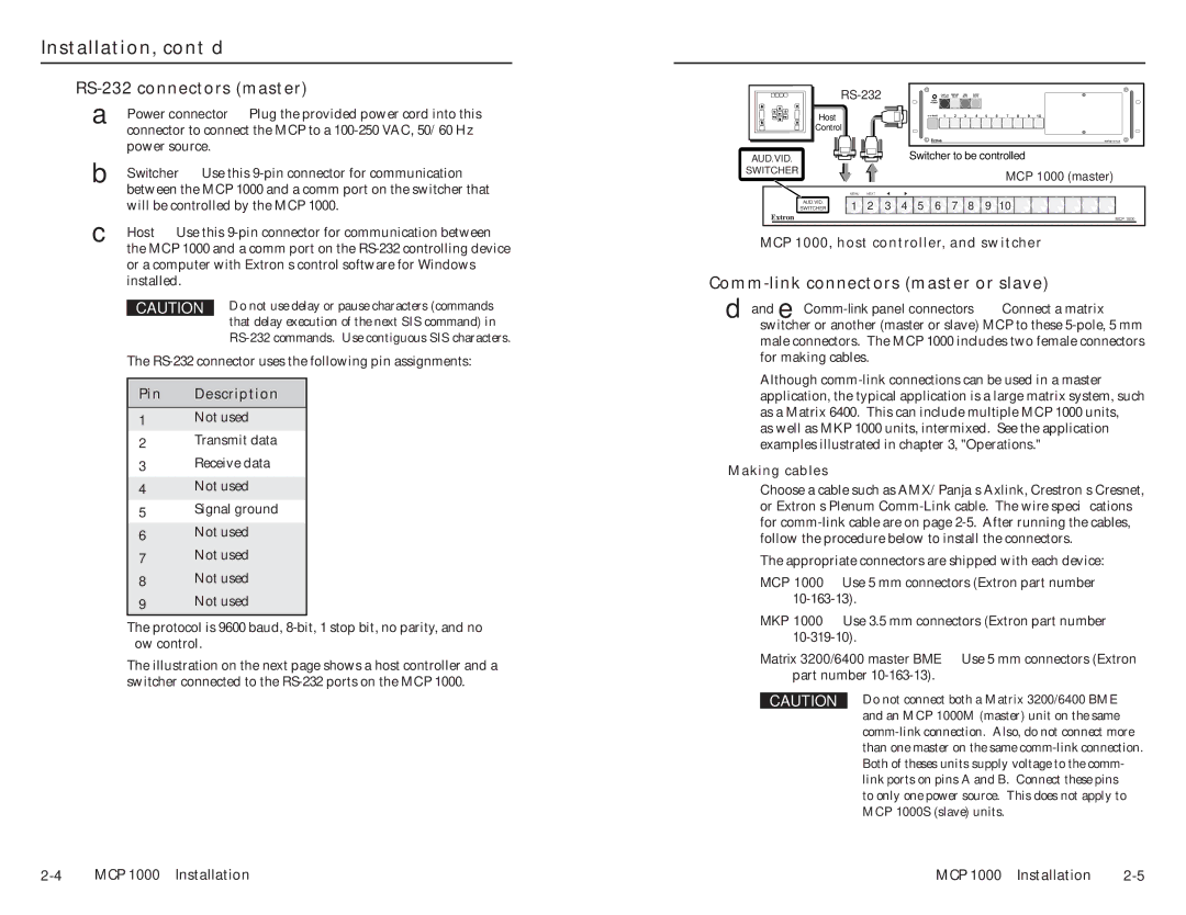 Extron electronic MCP 1000 user manual Installation, cont’d, RS-232 connectors master, Comm-link connectors master or slave 