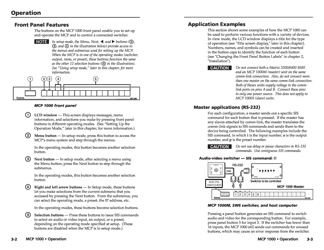 Extron electronic MCP 1000 user manual Operation, Front Panel Features, Application Examples, Master applications RS-232 