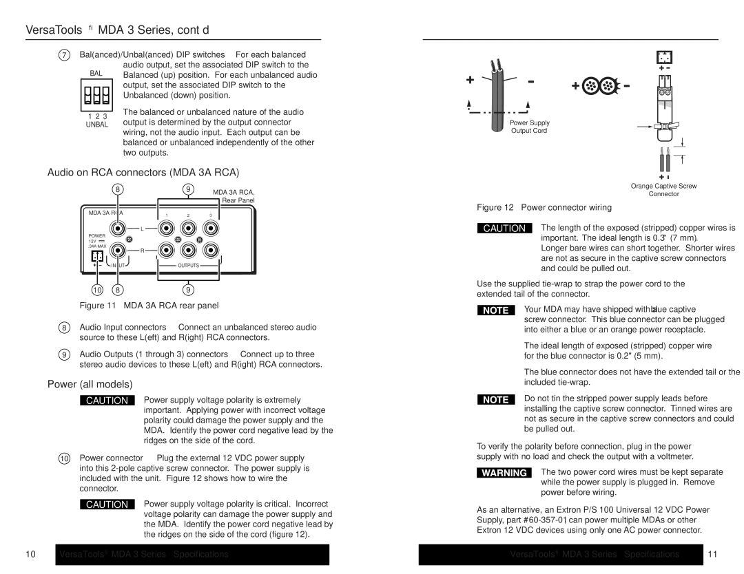 Extron electronic MDA 3 Series user manual Audio on RCA connectors MDA 3A RCA, Power all models 