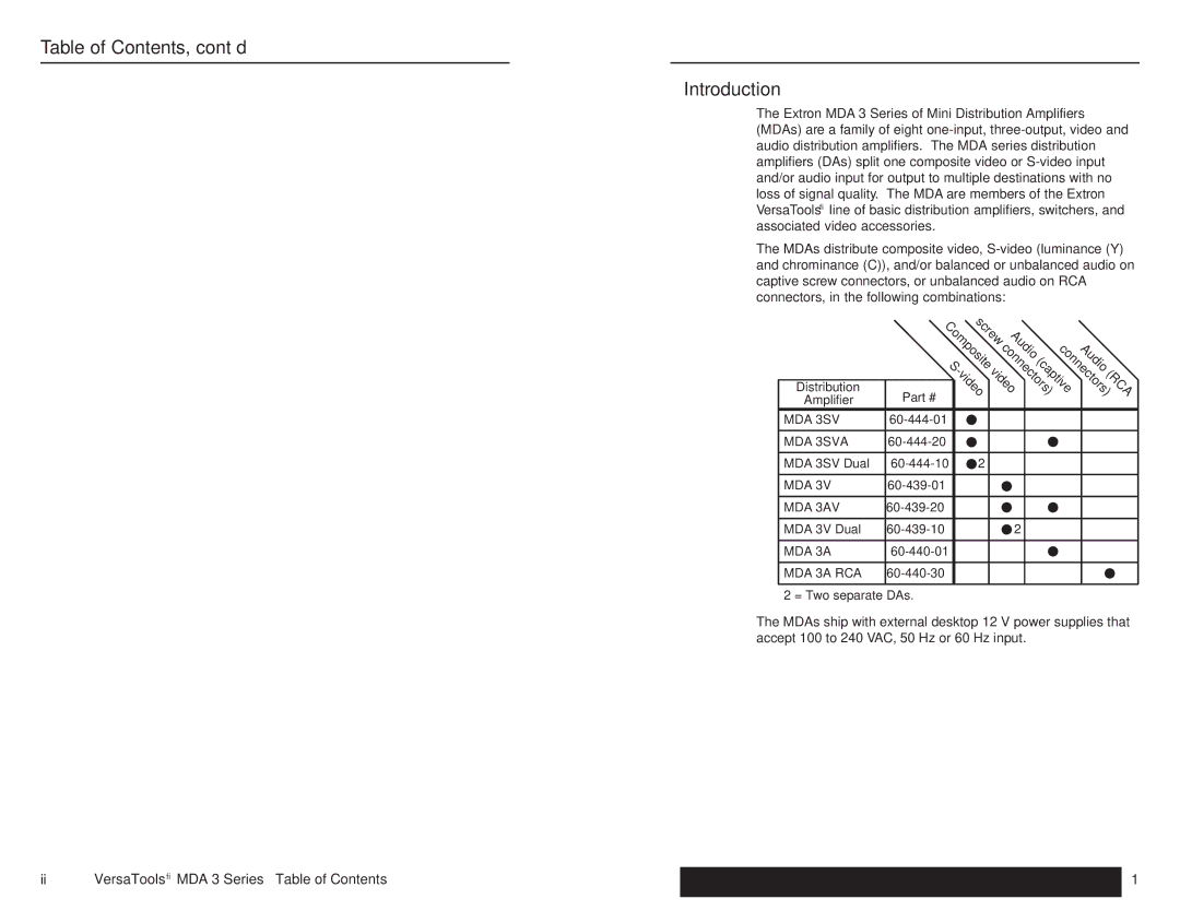 Extron electronic MDA 3 Series user manual Table of Contents, cont’d Introduction 