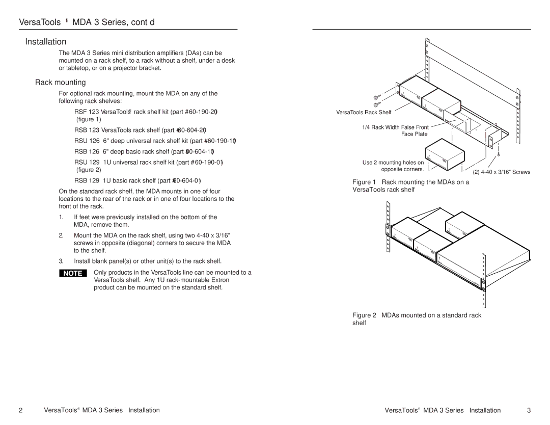 Extron electronic user manual VersaTools MDA 3 Series, cont’d Installation, Rack mounting 