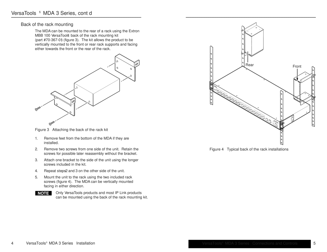 Extron electronic user manual VersaTools MDA 3 Series, cont’d, Back of the rack mounting 