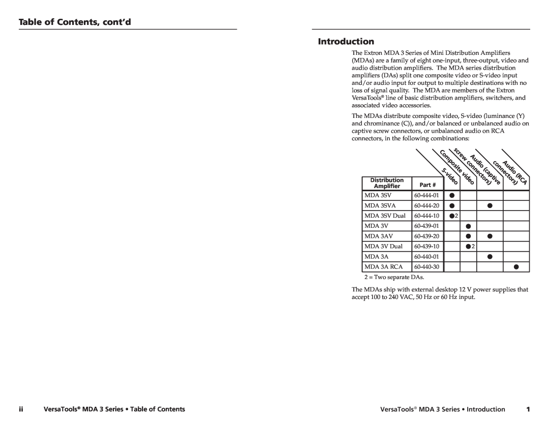 Extron electronic user manual Table of Contents, cont’d Introduction, MDA 3 Series Table of Contents, VersaTools 