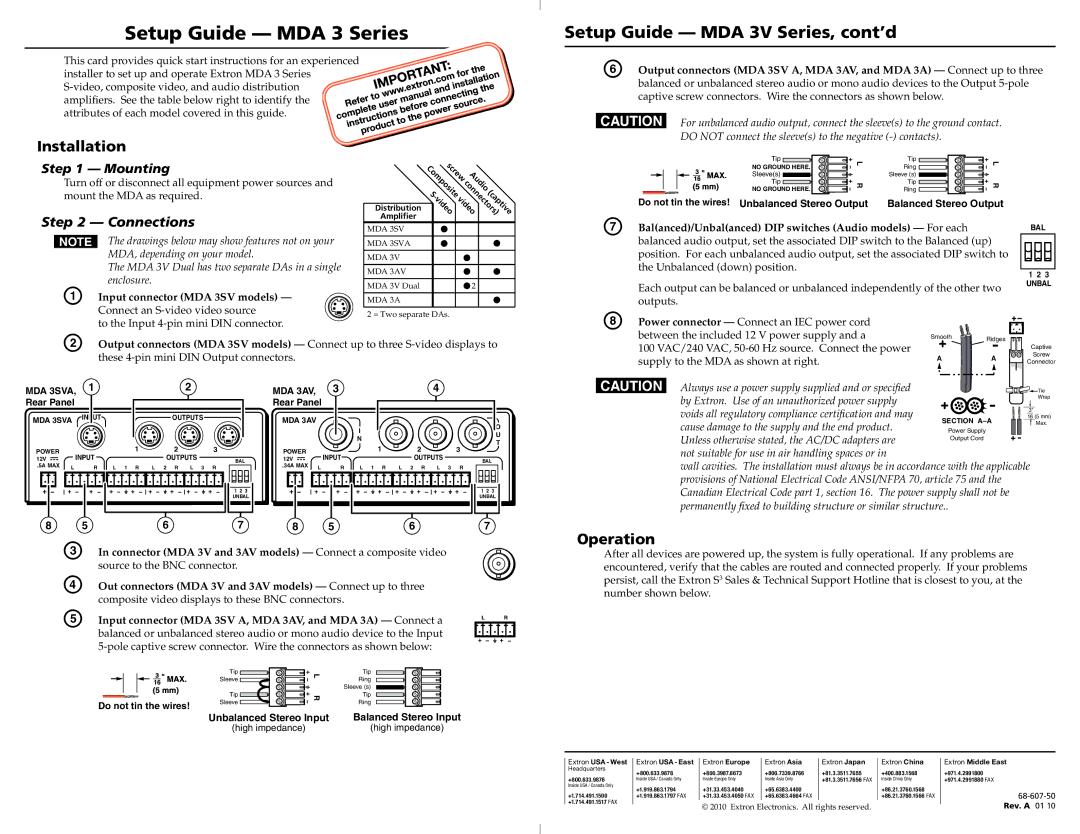 Extron electronic MDA 3V DUAL, MDA 3SVA, MDA 3AV setup guide Balanced/Unbalanced DIP switches Audio models For each 