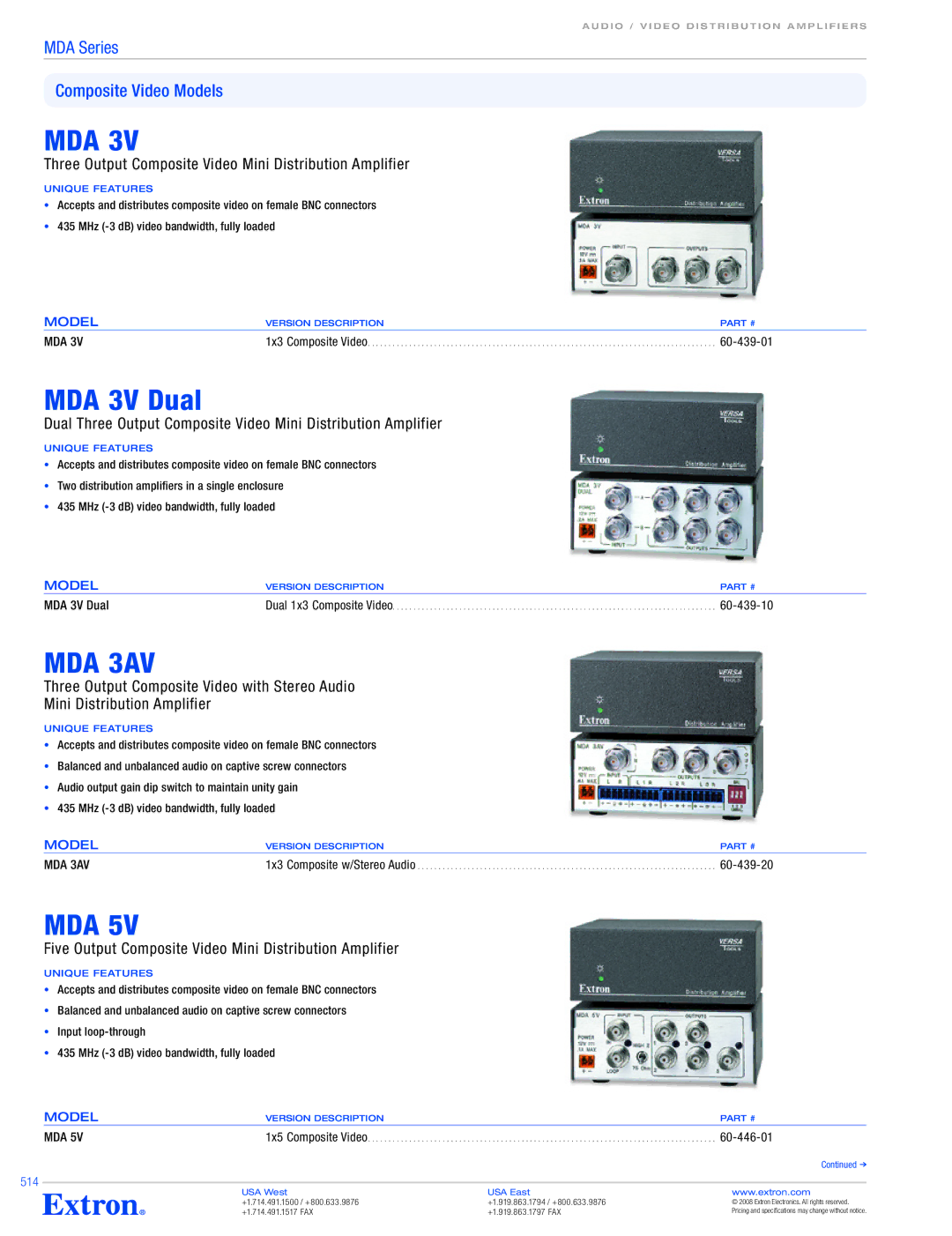 Extron electronic MDA 3V 1x3, MDA 3V DUAL Mda, MDA 3AV, Three Output Composite Video Mini Distribution Amplifier 